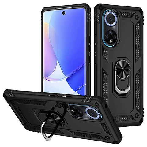 Silikon Hülle Handyhülle und Kunststoff Schutzhülle Hartschalen Tasche mit Magnetisch Fingerring Ständer MQ3 für Huawei Nova 9 Schwarz