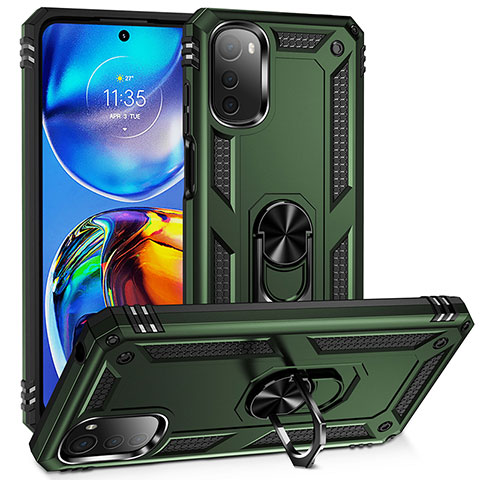 Silikon Hülle Handyhülle und Kunststoff Schutzhülle Hartschalen Tasche mit Magnetisch Fingerring Ständer MQ3 für Motorola Moto E32 Grün