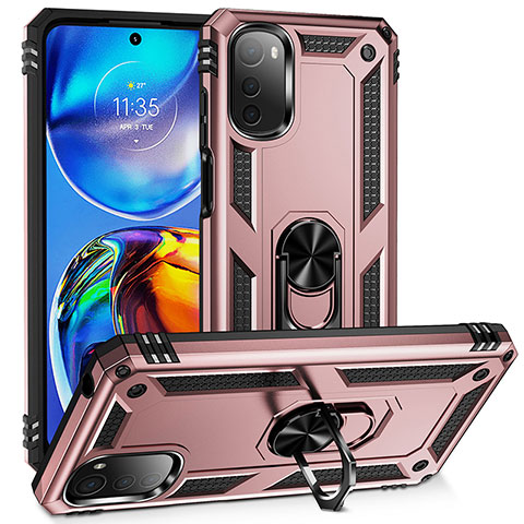 Silikon Hülle Handyhülle und Kunststoff Schutzhülle Hartschalen Tasche mit Magnetisch Fingerring Ständer MQ3 für Motorola Moto E32 Rosegold