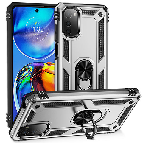 Silikon Hülle Handyhülle und Kunststoff Schutzhülle Hartschalen Tasche mit Magnetisch Fingerring Ständer MQ3 für Motorola Moto E32 Silber