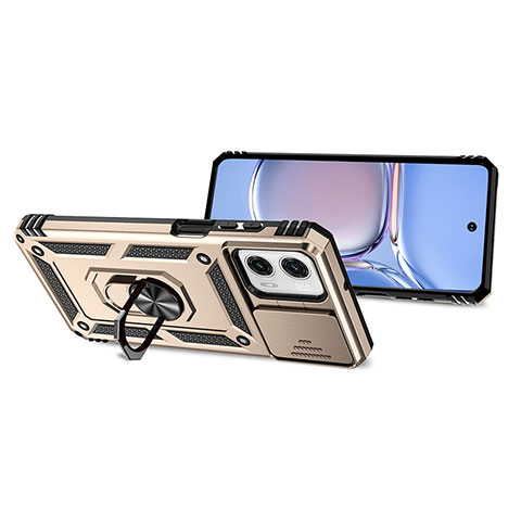 Silikon Hülle Handyhülle und Kunststoff Schutzhülle Hartschalen Tasche mit Magnetisch Fingerring Ständer MQ3 für Motorola Moto G 5G (2023) Gold
