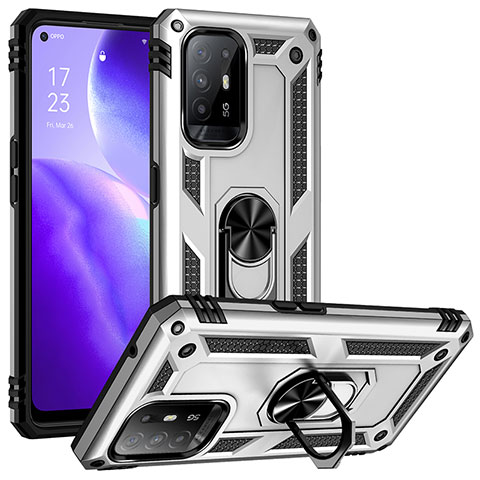 Silikon Hülle Handyhülle und Kunststoff Schutzhülle Hartschalen Tasche mit Magnetisch Fingerring Ständer MQ3 für Oppo A94 5G Silber