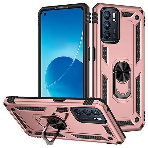 Silikon Hülle Handyhülle und Kunststoff Schutzhülle Hartschalen Tasche mit Magnetisch Fingerring Ständer MQ3 für Oppo Reno6 5G Rosegold