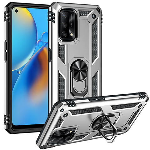 Silikon Hülle Handyhülle und Kunststoff Schutzhülle Hartschalen Tasche mit Magnetisch Fingerring Ständer MQ3 für Oppo Reno6 Lite Silber