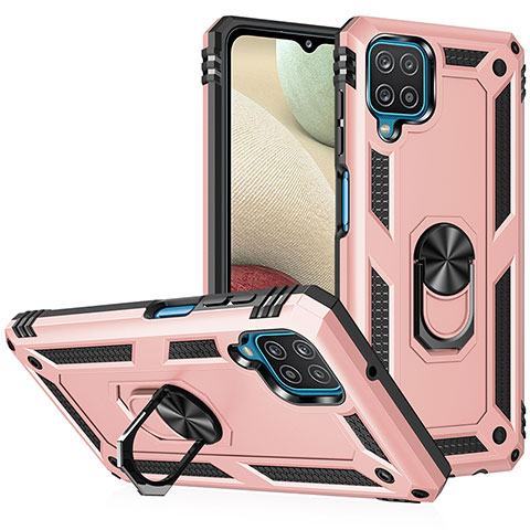 Silikon Hülle Handyhülle und Kunststoff Schutzhülle Hartschalen Tasche mit Magnetisch Fingerring Ständer MQ3 für Samsung Galaxy A12 Nacho Rosegold