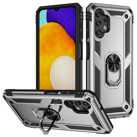 Silikon Hülle Handyhülle und Kunststoff Schutzhülle Hartschalen Tasche mit Magnetisch Fingerring Ständer MQ3 für Samsung Galaxy A13 4G Silber