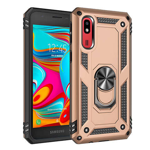 Silikon Hülle Handyhülle und Kunststoff Schutzhülle Hartschalen Tasche mit Magnetisch Fingerring Ständer MQ3 für Samsung Galaxy A2 Core A260F A260G Gold