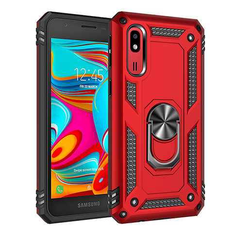 Silikon Hülle Handyhülle und Kunststoff Schutzhülle Hartschalen Tasche mit Magnetisch Fingerring Ständer MQ3 für Samsung Galaxy A2 Core A260F A260G Rot