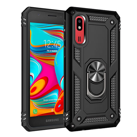 Silikon Hülle Handyhülle und Kunststoff Schutzhülle Hartschalen Tasche mit Magnetisch Fingerring Ständer MQ3 für Samsung Galaxy A2 Core A260F A260G Schwarz