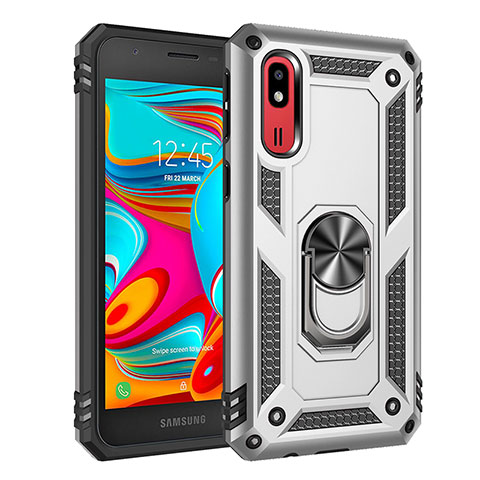 Silikon Hülle Handyhülle und Kunststoff Schutzhülle Hartschalen Tasche mit Magnetisch Fingerring Ständer MQ3 für Samsung Galaxy A2 Core A260F A260G Silber