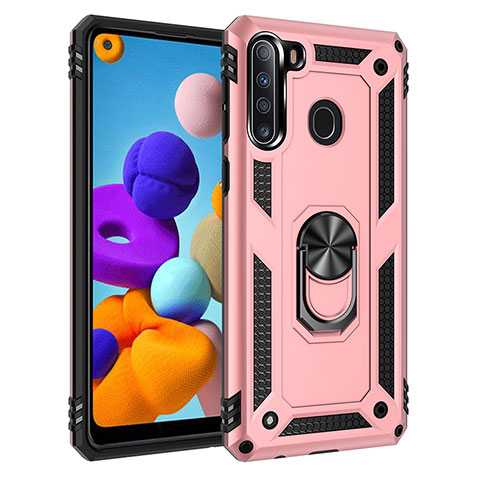 Silikon Hülle Handyhülle und Kunststoff Schutzhülle Hartschalen Tasche mit Magnetisch Fingerring Ständer MQ3 für Samsung Galaxy A21 Rosegold