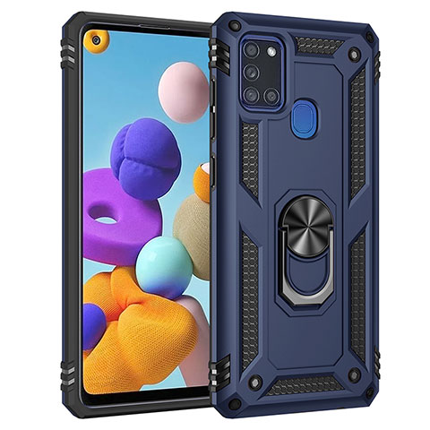 Silikon Hülle Handyhülle und Kunststoff Schutzhülle Hartschalen Tasche mit Magnetisch Fingerring Ständer MQ3 für Samsung Galaxy A21s Blau