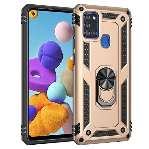 Silikon Hülle Handyhülle und Kunststoff Schutzhülle Hartschalen Tasche mit Magnetisch Fingerring Ständer MQ3 für Samsung Galaxy A21s Gold