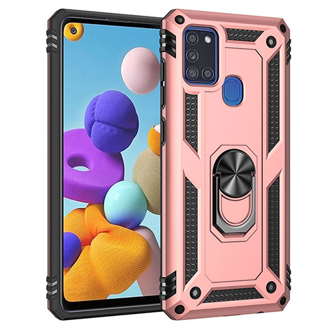 Silikon Hülle Handyhülle und Kunststoff Schutzhülle Hartschalen Tasche mit Magnetisch Fingerring Ständer MQ3 für Samsung Galaxy A21s Rosegold