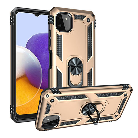 Silikon Hülle Handyhülle und Kunststoff Schutzhülle Hartschalen Tasche mit Magnetisch Fingerring Ständer MQ3 für Samsung Galaxy A22 5G Gold