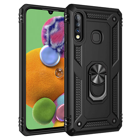 Silikon Hülle Handyhülle und Kunststoff Schutzhülle Hartschalen Tasche mit Magnetisch Fingerring Ständer MQ3 für Samsung Galaxy A70E Schwarz