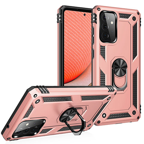 Silikon Hülle Handyhülle und Kunststoff Schutzhülle Hartschalen Tasche mit Magnetisch Fingerring Ständer MQ3 für Samsung Galaxy A72 5G Rosegold