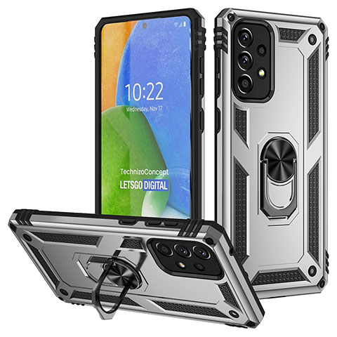 Silikon Hülle Handyhülle und Kunststoff Schutzhülle Hartschalen Tasche mit Magnetisch Fingerring Ständer MQ3 für Samsung Galaxy A73 5G Silber