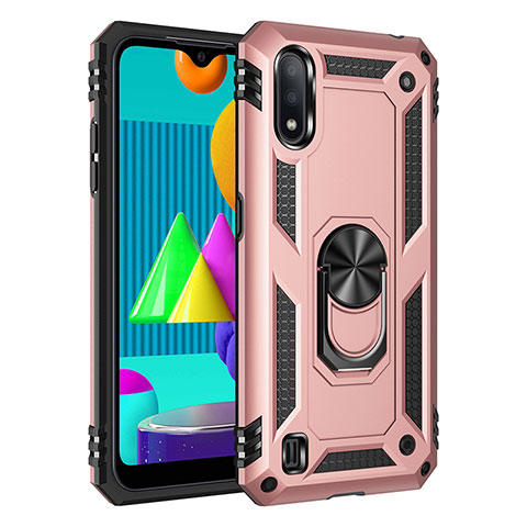 Silikon Hülle Handyhülle und Kunststoff Schutzhülle Hartschalen Tasche mit Magnetisch Fingerring Ständer MQ3 für Samsung Galaxy M01 Rosegold