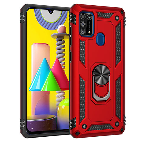 Silikon Hülle Handyhülle und Kunststoff Schutzhülle Hartschalen Tasche mit Magnetisch Fingerring Ständer MQ3 für Samsung Galaxy M21s Rot