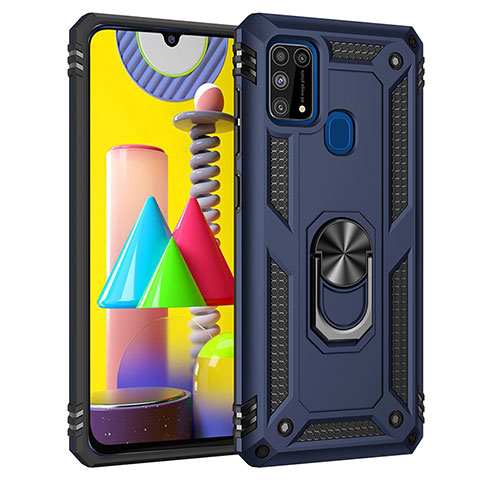 Silikon Hülle Handyhülle und Kunststoff Schutzhülle Hartschalen Tasche mit Magnetisch Fingerring Ständer MQ3 für Samsung Galaxy M31 Prime Edition Blau