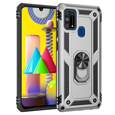 Silikon Hülle Handyhülle und Kunststoff Schutzhülle Hartschalen Tasche mit Magnetisch Fingerring Ständer MQ3 für Samsung Galaxy M31 Prime Edition Silber