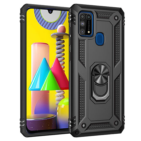 Silikon Hülle Handyhülle und Kunststoff Schutzhülle Hartschalen Tasche mit Magnetisch Fingerring Ständer MQ3 für Samsung Galaxy M31 Schwarz