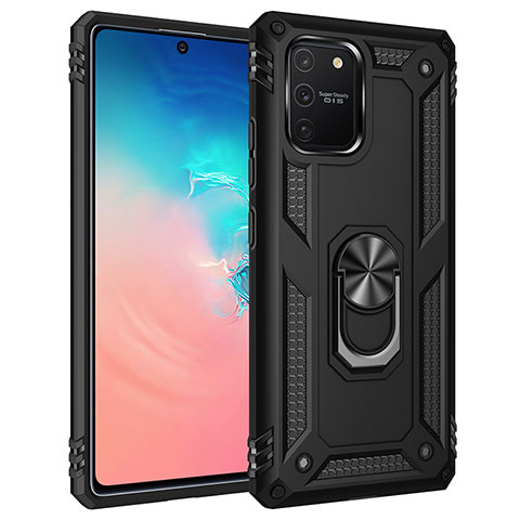 Silikon Hülle Handyhülle und Kunststoff Schutzhülle Hartschalen Tasche mit Magnetisch Fingerring Ständer MQ3 für Samsung Galaxy S10 Lite Schwarz