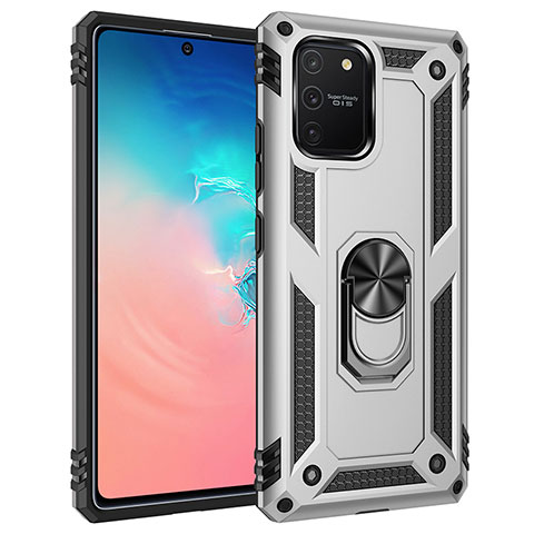 Silikon Hülle Handyhülle und Kunststoff Schutzhülle Hartschalen Tasche mit Magnetisch Fingerring Ständer MQ3 für Samsung Galaxy S10 Lite Silber