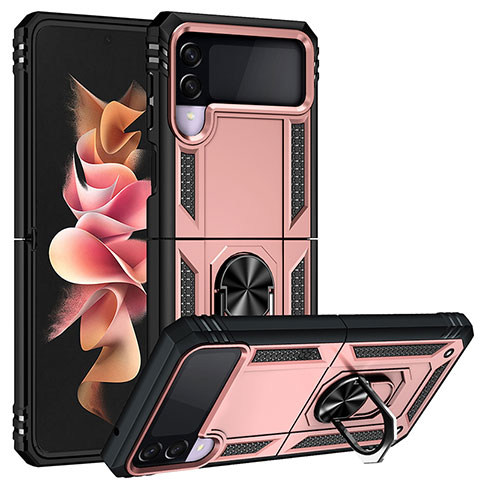 Silikon Hülle Handyhülle und Kunststoff Schutzhülle Hartschalen Tasche mit Magnetisch Fingerring Ständer MQ3 für Samsung Galaxy Z Flip3 5G Rosegold