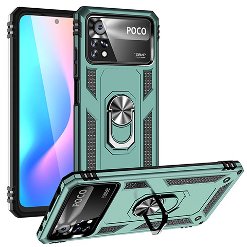 Silikon Hülle Handyhülle und Kunststoff Schutzhülle Hartschalen Tasche mit Magnetisch Fingerring Ständer MQ3 für Xiaomi Poco X4 Pro 5G Grün