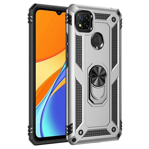 Silikon Hülle Handyhülle und Kunststoff Schutzhülle Hartschalen Tasche mit Magnetisch Fingerring Ständer MQ3 für Xiaomi Redmi 9 Activ Silber