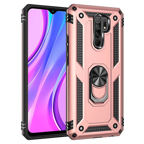 Silikon Hülle Handyhülle und Kunststoff Schutzhülle Hartschalen Tasche mit Magnetisch Fingerring Ständer MQ3 für Xiaomi Redmi 9 Prime India Rosegold