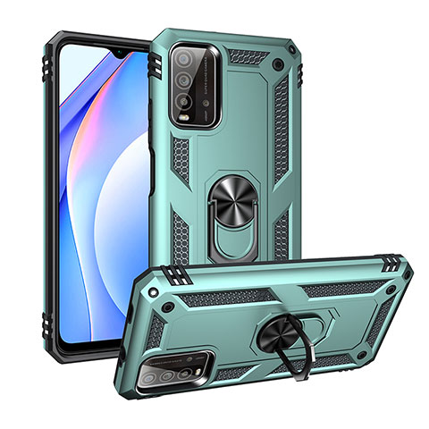 Silikon Hülle Handyhülle und Kunststoff Schutzhülle Hartschalen Tasche mit Magnetisch Fingerring Ständer MQ3 für Xiaomi Redmi 9T 4G Grün