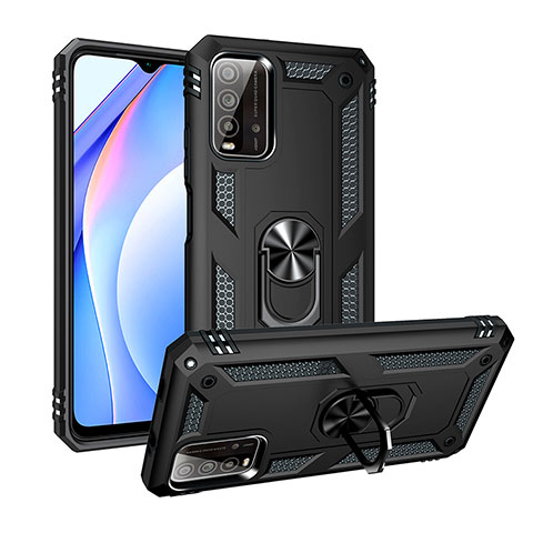 Silikon Hülle Handyhülle und Kunststoff Schutzhülle Hartschalen Tasche mit Magnetisch Fingerring Ständer MQ3 für Xiaomi Redmi 9T 4G Schwarz