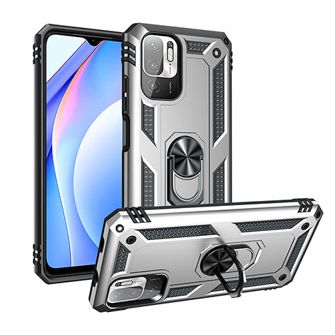 Silikon Hülle Handyhülle und Kunststoff Schutzhülle Hartschalen Tasche mit Magnetisch Fingerring Ständer MQ3 für Xiaomi Redmi Note 10 5G Silber