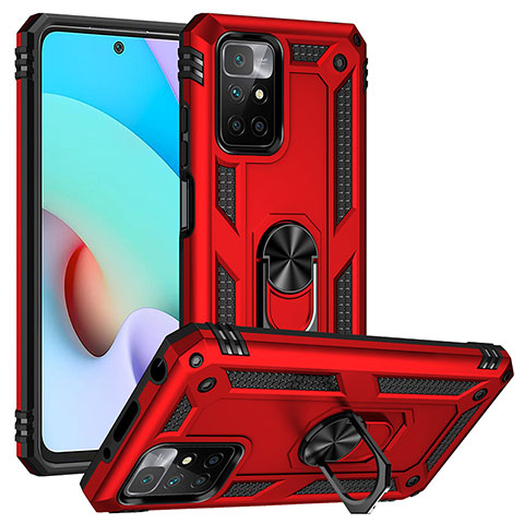 Silikon Hülle Handyhülle und Kunststoff Schutzhülle Hartschalen Tasche mit Magnetisch Fingerring Ständer MQ3 für Xiaomi Redmi Note 11 4G (2021) Rot