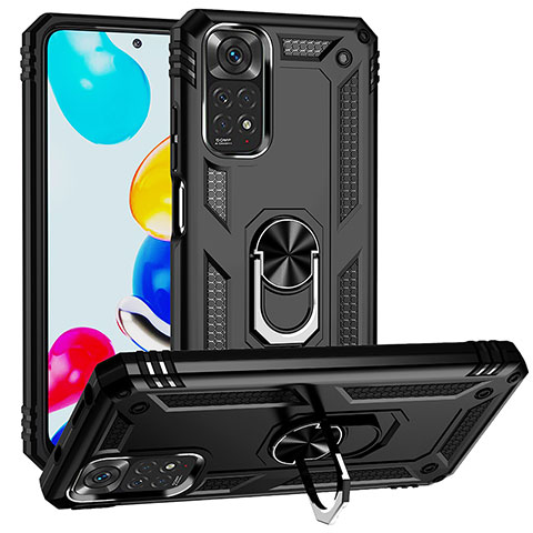 Silikon Hülle Handyhülle und Kunststoff Schutzhülle Hartschalen Tasche mit Magnetisch Fingerring Ständer MQ3 für Xiaomi Redmi Note 11 4G (2022) Schwarz