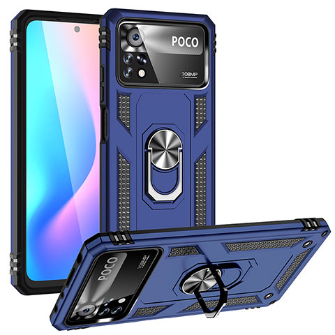 Silikon Hülle Handyhülle und Kunststoff Schutzhülle Hartschalen Tasche mit Magnetisch Fingerring Ständer MQ3 für Xiaomi Redmi Note 11E Pro 5G Blau