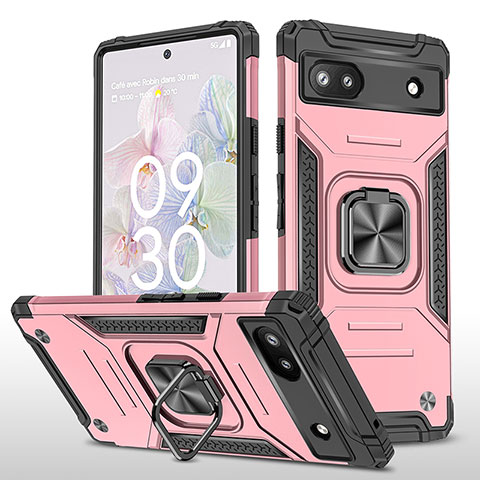 Silikon Hülle Handyhülle und Kunststoff Schutzhülle Hartschalen Tasche mit Magnetisch Fingerring Ständer MQ4 für Google Pixel 6a 5G Rosegold