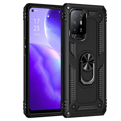 Silikon Hülle Handyhülle und Kunststoff Schutzhülle Hartschalen Tasche mit Magnetisch Fingerring Ständer MQ4 für Oppo F19 Pro+ Plus 5G Schwarz