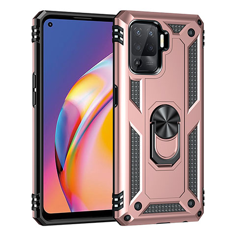 Silikon Hülle Handyhülle und Kunststoff Schutzhülle Hartschalen Tasche mit Magnetisch Fingerring Ständer MQ4 für Oppo Reno5 Lite Rosegold