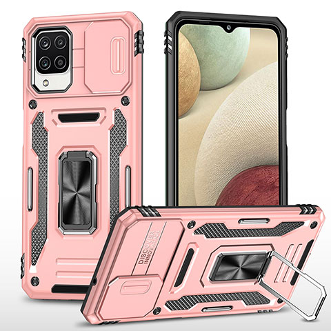 Silikon Hülle Handyhülle und Kunststoff Schutzhülle Hartschalen Tasche mit Magnetisch Fingerring Ständer MQ4 für Samsung Galaxy A12 5G Rosegold