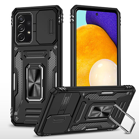 Silikon Hülle Handyhülle und Kunststoff Schutzhülle Hartschalen Tasche mit Magnetisch Fingerring Ständer MQ4 für Samsung Galaxy A52 4G Schwarz