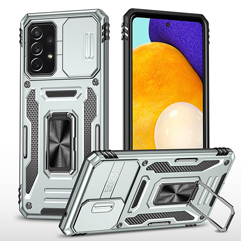 Silikon Hülle Handyhülle und Kunststoff Schutzhülle Hartschalen Tasche mit Magnetisch Fingerring Ständer MQ4 für Samsung Galaxy A52 4G Silber