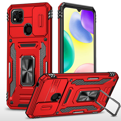 Silikon Hülle Handyhülle und Kunststoff Schutzhülle Hartschalen Tasche mit Magnetisch Fingerring Ständer MQ4 für Xiaomi POCO C31 Rot