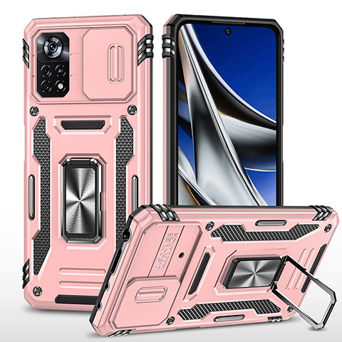 Silikon Hülle Handyhülle und Kunststoff Schutzhülle Hartschalen Tasche mit Magnetisch Fingerring Ständer MQ4 für Xiaomi Poco X4 Pro 5G Rosegold