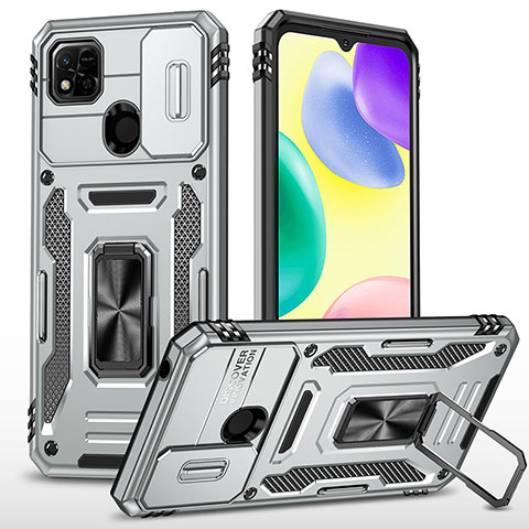 Silikon Hülle Handyhülle und Kunststoff Schutzhülle Hartschalen Tasche mit Magnetisch Fingerring Ständer MQ4 für Xiaomi Redmi 9 India Silber