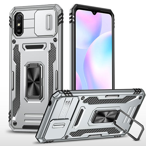 Silikon Hülle Handyhülle und Kunststoff Schutzhülle Hartschalen Tasche mit Magnetisch Fingerring Ständer MQ4 für Xiaomi Redmi 9A Silber