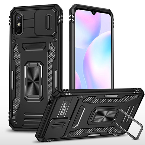 Silikon Hülle Handyhülle und Kunststoff Schutzhülle Hartschalen Tasche mit Magnetisch Fingerring Ständer MQ4 für Xiaomi Redmi 9AT Schwarz